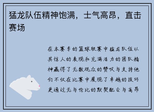 猛龙队伍精神饱满，士气高昂，直击赛场