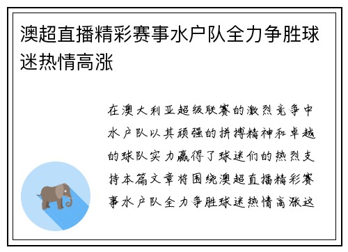 澳超直播精彩赛事水户队全力争胜球迷热情高涨